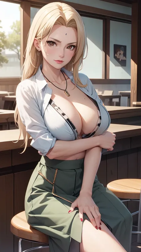 Good anatomy, Masterpiece, Best quality, 4K, 8K, Professional photography, Soft light, Sharp focus, Riman, Bar，1 girl,  Bar chairs，Sit Pose，eventide，The breeze blows through，falling leaf，Blonde hair, The shirt, long  skirt，Flip-flops，Blonde hair, Bank spin...