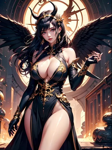 1girl, cowboy shot of a beautiful woman in the most intricate empress of darkness gown, very pale skin, (large jet-black eyes : 1.6), evil smile, (jet-black-purple hair, long-curly hairstyle, huge draconic horns : 1.5), (2 pairs of large fallen angel wings...