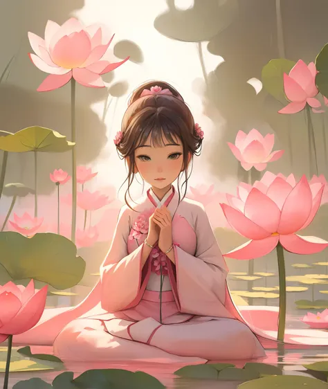 anime girl sitting in lotus position with pink flowers in background, sitting on a lotus flower, standing gracefully upon a lotus, serene illustration, lotus floral crown girl, pink lotus queen, by Li Song, anime beautiful peace scene, pink zen style, with...