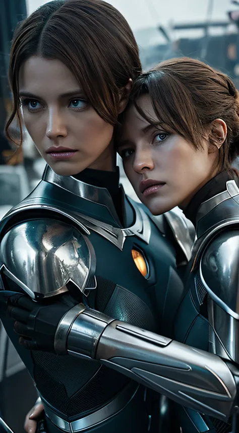 Two women in armor stand next to each other, Highly detailed surreal VFX, inspired by Peter Lindbergh, Desaturated and muted colors, Inspired by Nikola Avramov, clockpunk, detailed and beautiful faces, Stephen James Petruzzio, Prometheus (2012)