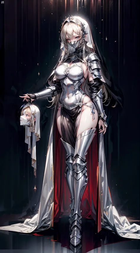 Nun in an iron mask+，Long flowing blonde hair,（Wear an iron mask：2.0）and armor，Wearing an iron mask and armor，Metal heels，Long face，Long face，Long face shape