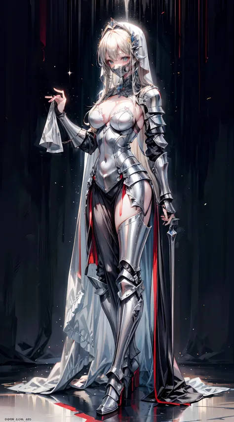 Nun in an iron mask+，Long flowing blonde hair,（Wear an iron mask：2.0）and armor，Wearing an iron mask and armor，Metal heels，Long face，Long face，Long face shape