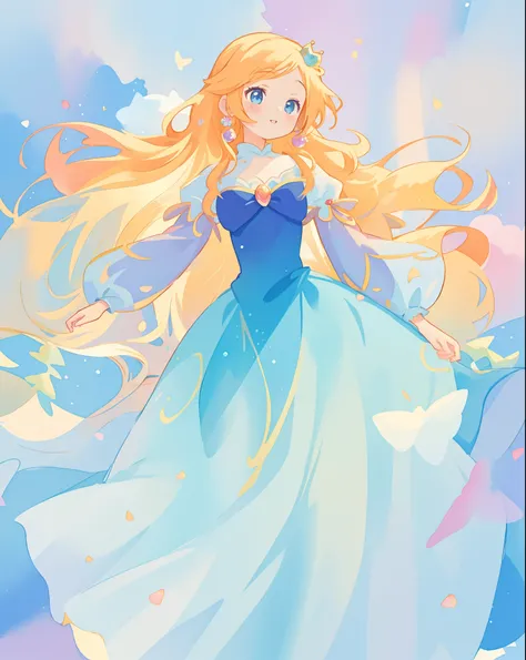 beautiful girl in gradient blue princess ballgown with puffy long sleeves, long flowing gold peach hair, liquid theme, colorful fantasia background, watercolor illustration, disney art style, beautiful digital illustration, beautiful, masterpiece, best qua...