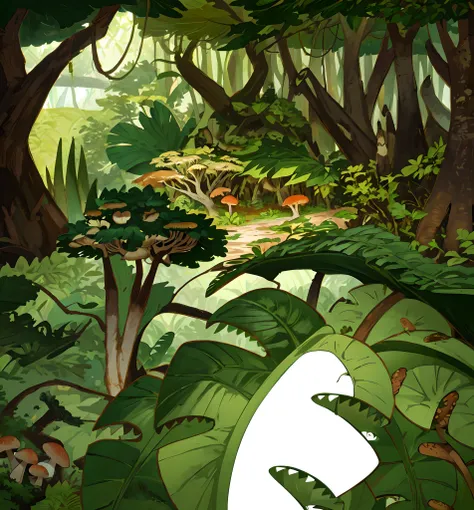 forest, ground path, beach in the end of the ground path, brown trunk, mangrove, green monstera, (big stone:1.2), dirt, mushrooms, plant, tree, flower, grass, bush, broadleaf plant, (detailed, masterpiece, high quality,)