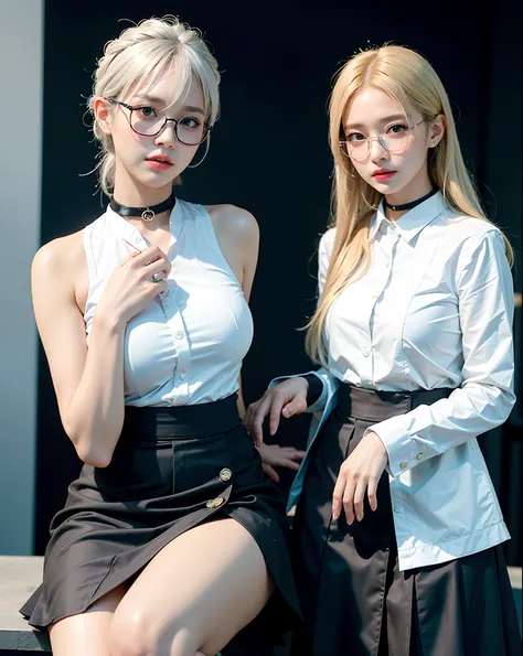 best quality, ultra high res, (photorealistic:1.4), 1woman, sleeveless white button shirt, black skirt, black choker, ((glasses)), (Kpop idol), (aegyo sal:1), (platinum blonde grey hair:1), ((puffy eyes)), looking at viewer, full body, flowers