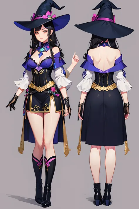 ((masterpiece)),(((best quality))),(((highly detailed))), (Character design sheet, same character, same outfit, ""main front view, side view, back view ""), illustration, 1 girl, perfect ilustration, human, long black hair, golden eyes, medium breasts, mak...