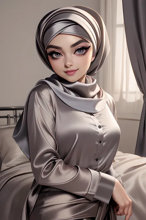 (Masterpiece, realistic, best quality, best lighting, 1 girl photo solo, beautifully makeup, eyeshadow, Parted Lips, Detailed Eyes, beautiful big eyes, long eye lashes, smile, wearing ((Dark gray satin headscarf)), loosely tide hijab style, ((Taupe satin s...