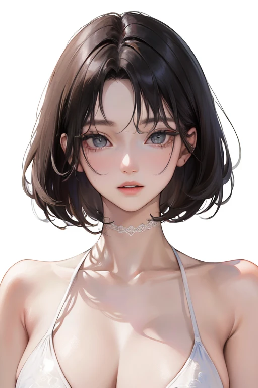 (Top resolution、Distinct_image)top-quality、femele、​masterpiece、ighly detailed、Semi-realistic、Black short hair、Dark hair、grey  eyes、bangss、21years old、Mature、年轻、Exquisite facial features、Facial features,White Bikini