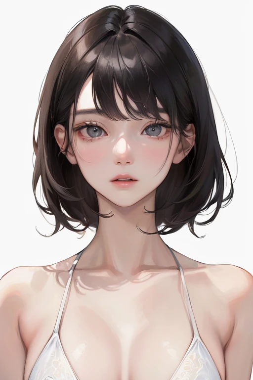 (Top resolution、Distinct_image)top-quality、femele、​masterpiece、ighly detailed、Semi-realistic、Black short hair、Dark hair、grey  eyes、bangss、21years old、Mature、年轻、Exquisite facial features、Facial features,White Bikini