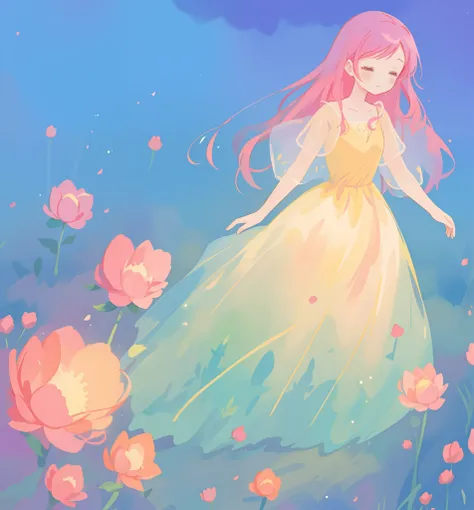 beautiful girl in puffy gradient ballgown, a field with round puffball pink flowers, otherworldly flowers, whimsical landscape, long pink flowing hair, watercolor illustration, inspired by Glen Keane, inspired by Lois van Baarle, disney art style, by Lois ...