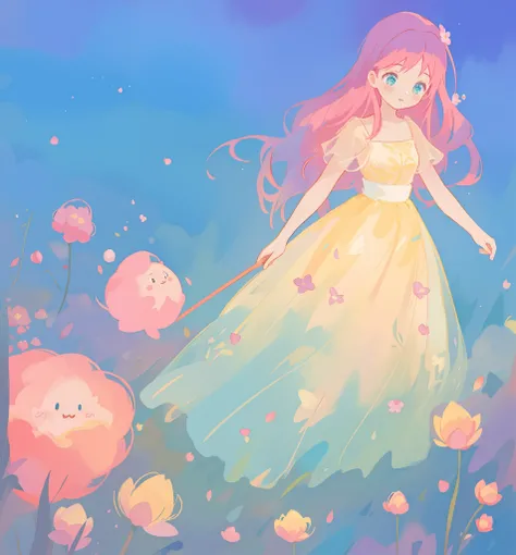 beautiful girl in puffy gradient ballgown, a field with round puffball pink flowers, otherworldly flowers, whimsical landscape, long pink flowing hair, watercolor illustration, inspired by Glen Keane, inspired by Lois van Baarle, disney art style, by Lois ...