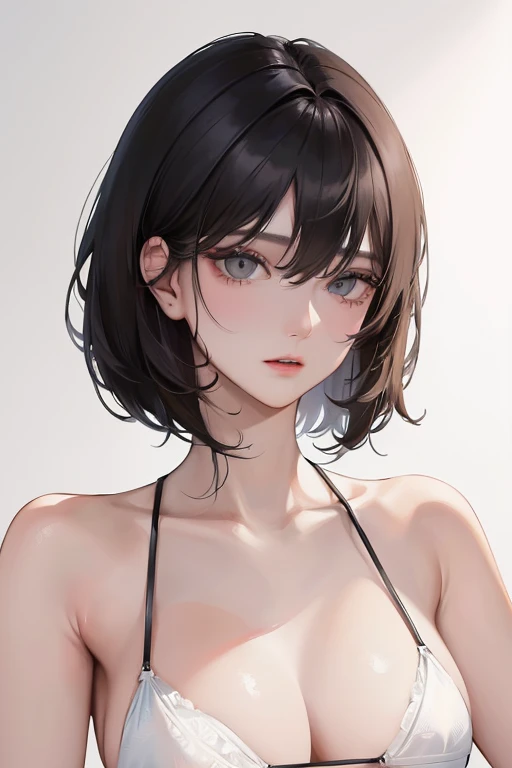 (Top resolution、Distinct_image)top-quality、femele、​masterpiece、ighly detailed、Semi-realistic、Black short hair、Dark hair、grey  eyes、bangss、21years old、Mature、年轻、Exquisite facial features、Facial features,White Bikini