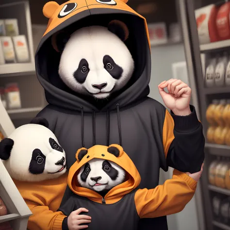 Panda wearing spider hoodie buying something