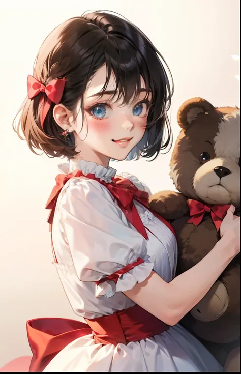 girl with、Background white、without background、A dark-haired、short-cut、with blush cheeks、Embarrassing、white dres、Onepiece、Stuffed Bear、frilld、bow ribbon、Smiling、kawaii、without background