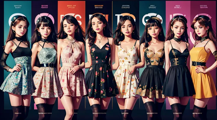 5 girls，Everyone wore fashionable dresses，Girls in different positions，Various expressions，Dopamine color matching，Ultra-high resolution，best qualtiy，Poster typography