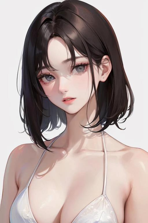 (Top resolution、Distinct_image)top-quality、femele、​masterpiece、ighly detailed、Semi-realistic、Black short hair、Dark hair、grey  eyes、bangss、21years old、Mature、年轻、Exquisite facial features、Facial features,White Bikini