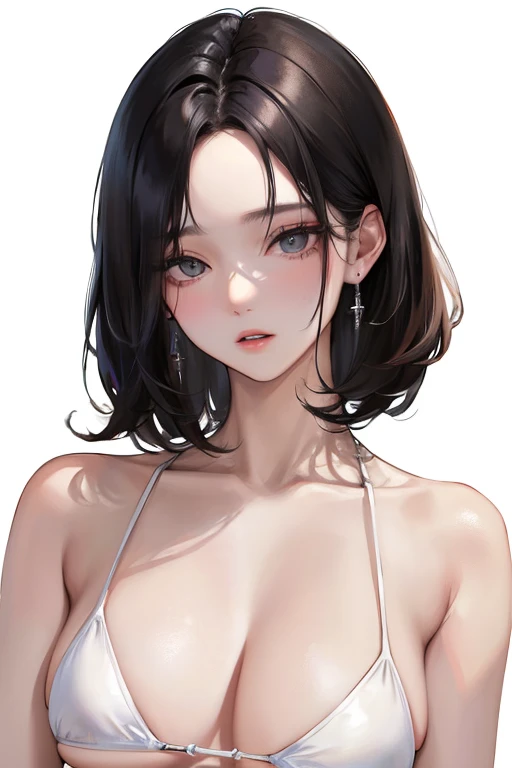 (Top resolution、Distinct_image)top-quality、femele、​masterpiece、ighly detailed、Semi-realistic、Black short hair、Dark hair、grey  eyes、bangss、21years old、Mature、年轻、Exquisite facial features、Facial features,White Bikini