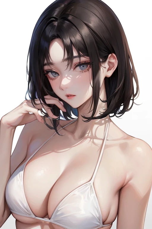 (Top resolution、Distinct_image)top-quality、femele、​masterpiece、ighly detailed、Semi-realistic、Black short hair、Dark hair、grey  eyes、bangss、21years old、Mature、年轻、Exquisite facial features、Facial features,White Bikini