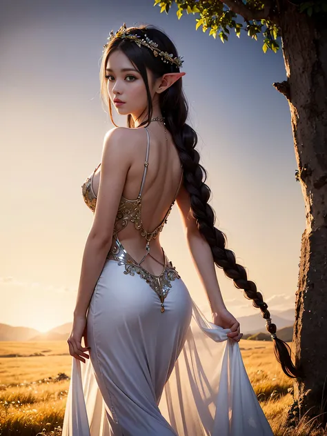 Graceful elven girl standing in meadow, Delicate face illuminated by the soft light of the setting sun. Her long, Flowing hair runs down your back, Decorated with intricate braids、Adorned with sparkling gemstones. This stunning picture is、、It captures the ...