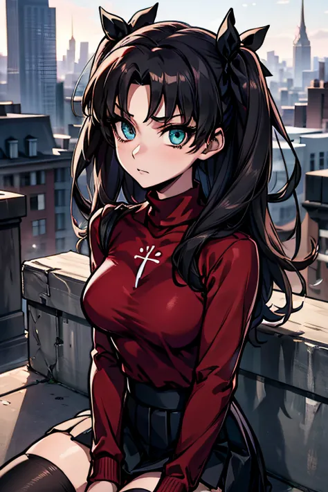 (masterpiece), best quality, expressive eyes, perfect face, 1girl, solo, rintohsaka, rin tohsaka, aqua eyes, black hair, hair ribbon, long hair, ribbon, sidelocks, two side up, black skirt, black thighhighs, long sleeves, miniskirt, pleated skirt, ((red sw...