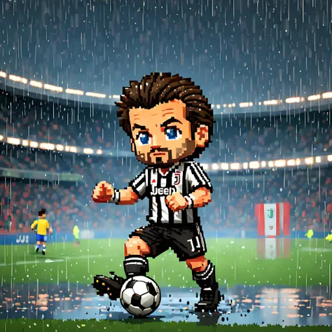 (Pixel art:1.5), (pixel theme:1.5), (chibi emote:1.5), (chibi character:1.5), (japanese game character:1.5), (fantasy:1.5), (rainy night:1.5), (heavy rain:1.5), (Roberto Baggio:1.5), (Del Piero:1.5), (Juventus:1.5), (playing soccer:1.5), (soccer stadium:1....