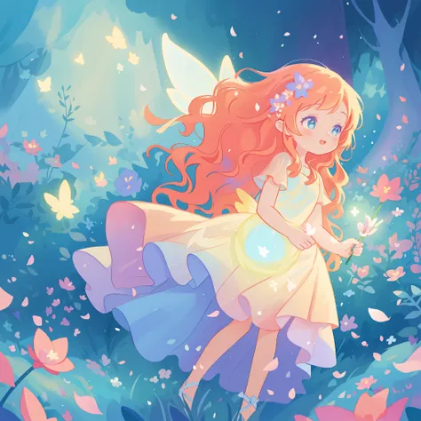 beautiful girl in tiered gradient ballgown dress, gradient colorful dress, ((layered flower petal skirt)), fairy dress, fairy queen, magical forest background, (glowing fairy wings), glowing flowing ballgown, long wavy hair, sparkling fairy wings, watercol...