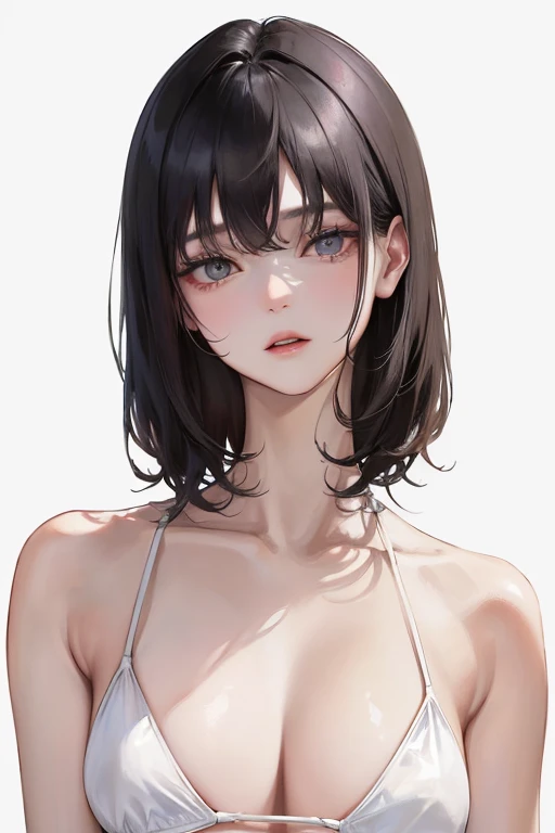 (Top resolution、Distinct_image)top-quality、femele、​masterpiece、ighly detailed、Semi-realistic、Black short hair、Dark hair、grey  eyes、bangss、21years old、Mature、年轻、Exquisite facial features、Facial features,White Bikini