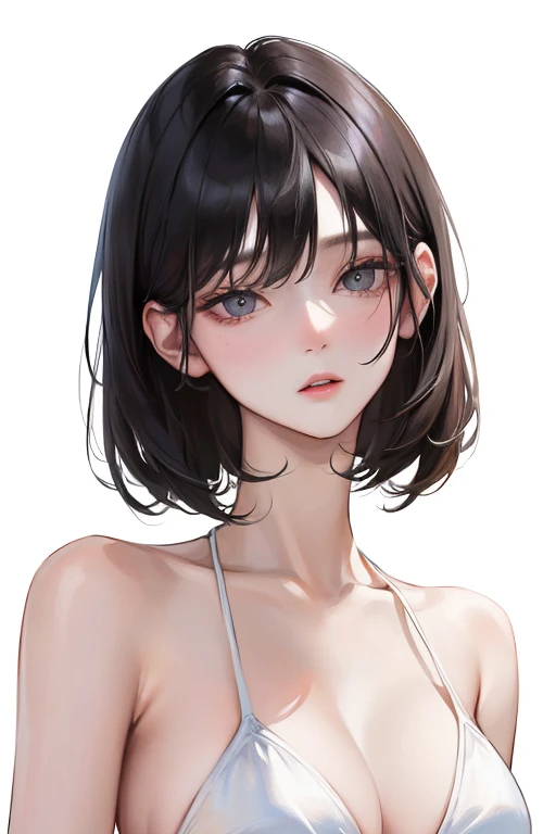 (Top resolution、Distinct_image)top-quality、femele、​masterpiece、ighly detailed、Semi-realistic、Black short hair、Dark hair、grey  eyes、bangss、21years old、Mature、年轻、Exquisite facial features、Facial features,White Bikini