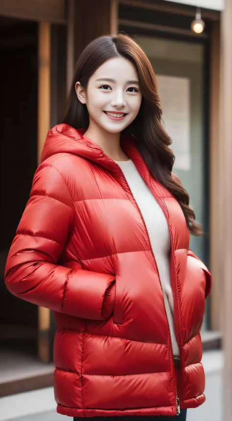 The face is a hostess、Red down jacket、hiquality、A hyper-realistic、healthy、Smiling expression、Slender perfect figure、Japan beauties、beautidful eyes、face perfect、Beautiful skin、The upper part of the body、Christmas tree、street