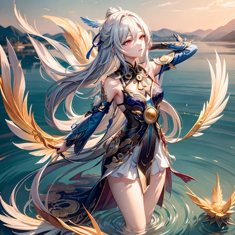 A beautiful Chinese girl standing on the water, Hazy reflections, Huge phoenix divine bird in the sky, magic, fantasy, Dynamic posture, Consists of colorful glowing flames, Delicate face, Delicate eyes, long black and golden hair, Dressed in amber and sky ...