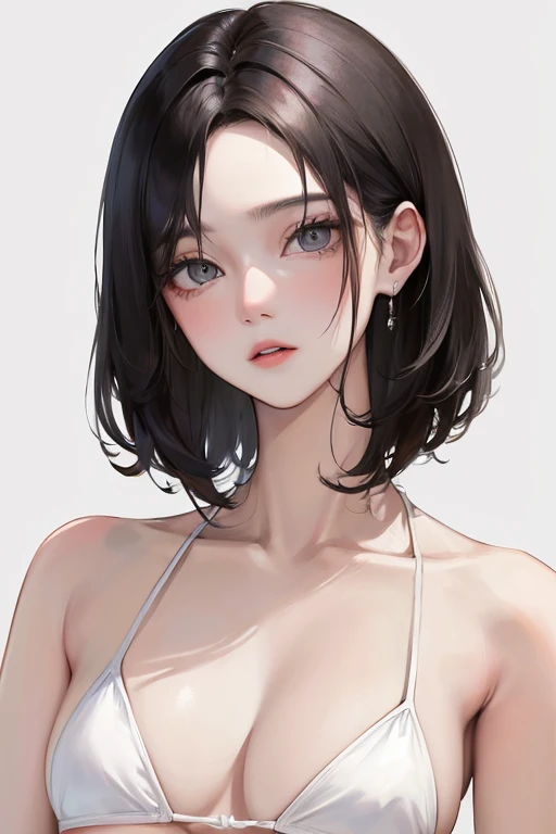 (Top resolution、Distinct_image)top-quality、femele、​masterpiece、ighly detailed、Semi-realistic、Black short hair、Dark hair、grey  eyes、bangss、21years old、Mature、年轻、Exquisite facial features、Facial features,White Bikini