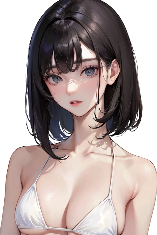 (Top resolution、Distinct_image)top-quality、femele、​masterpiece、ighly detailed、Semi-realistic、Black short hair、Dark hair、grey  eyes、bangss、21years old、Mature、年轻、Exquisite facial features、Facial features,White Bikini