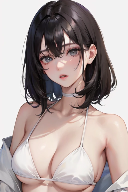 (Top resolution、Distinct_image)top-quality、femele、​masterpiece、ighly detailed、Semi-realistic、Black short hair、Dark hair、grey  eyes、bangss、21years old、Mature、年轻、Exquisite facial features、Facial features,White Bikini