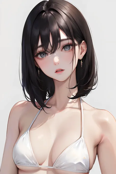 (Top resolution、Distinct_image)top-quality、femele、​masterpiece、ighly detailed、Semi-realistic、Black short hair、Dark hair、grey  eyes、bangss、21years old、Mature、年轻、Exquisite facial features、Facial features,White Bikini