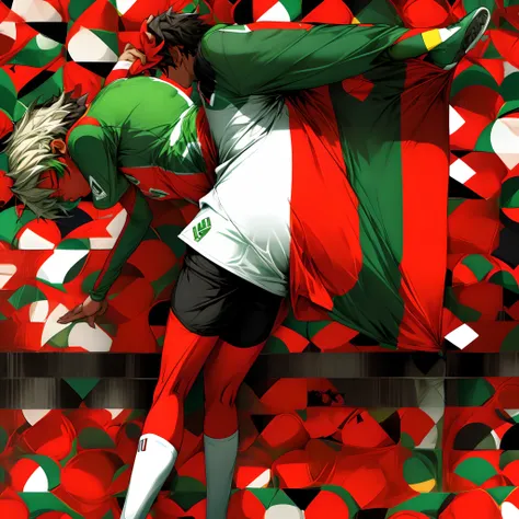 Kenyan soccer jersey and shorts that is black,green,red,white.with  a weird pattern but cool