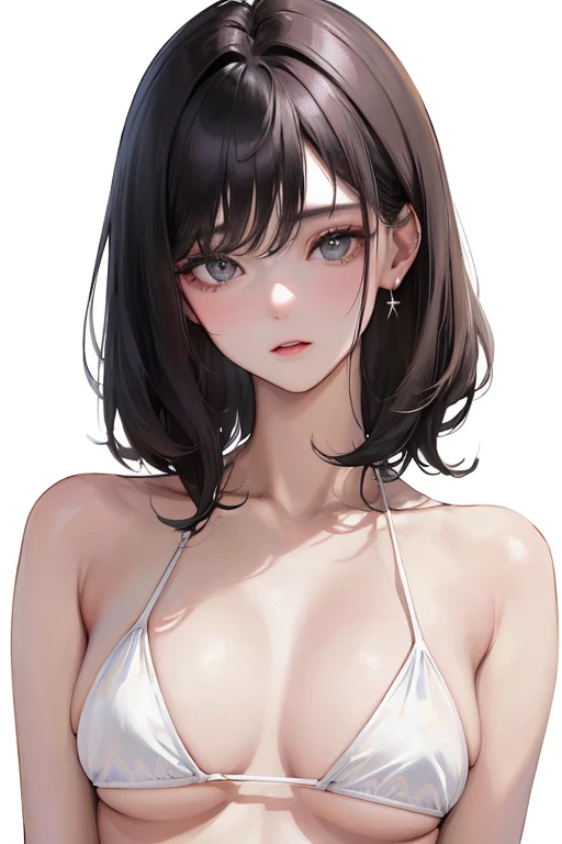 (Top resolution、Distinct_image)top-quality、femele、​masterpiece、ighly detailed、Semi-realistic、Black short hair、Dark hair、grey  eyes、bangss、21years old、Mature、年轻、Exquisite facial features、Facial features,White Bikini、bon hair