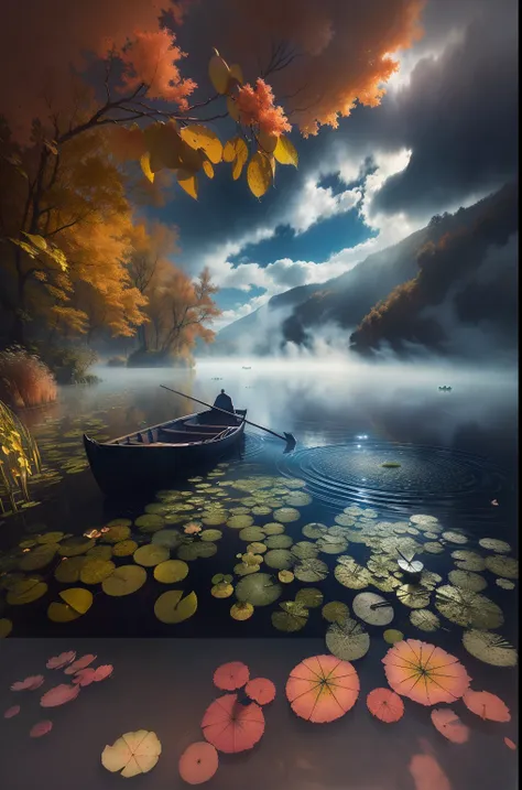 there is a boat that is floating in the water with lily pads, mystical lake, beautiful digital artwork, dreamy scene, 3 d render and matte painting, autumn tranquility, lost in a dreamy fairy landscape, perfect composition artem demura, dreamy matte painti...