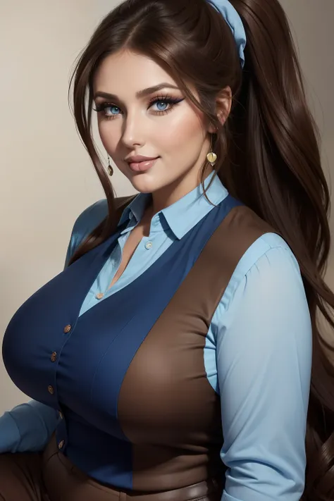 Lucy Pinder, face portrait, ((Very Intense Makeup)), smiling, ((brown lipstick)), ((woman in makeup)), long hair, brown hair, ponytail, Voluptuous Woman, short-sleeved blouse, blouse light blue, blue vest, blue formal pants, ((fat woman)).