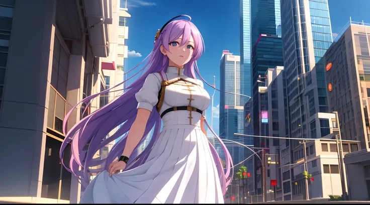 Athena with plain long light purple hair,hair between eyes,green eyes,rosy cheeks,full lips,thin eyebrows,slender body,wearing Christian saint cloth and full long skirt,cute anime girl,full body,futuristic city streets in background,anime style,extremely d...