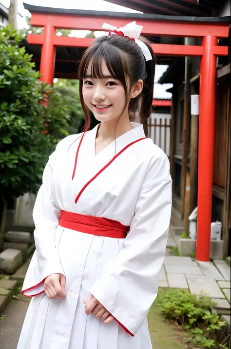 shrine maiden girl in old-Japanese town,long sleeved white hakama top and red hakama bottom,white tabi,hair red string bow,18-year-old,bangs,a little smiles,knees,from below