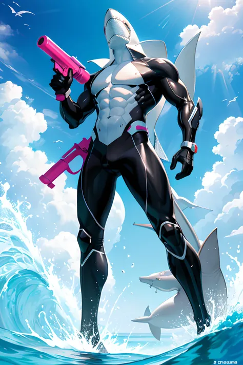 Certamente, Here is the prompt translated into English:

"Desenhe uma imagem de um homem com um corpo humano, But with the head of a shark, Holding a futuristic water gun. Make sure the man has a confident posture and that the water gun has a futuristic an...