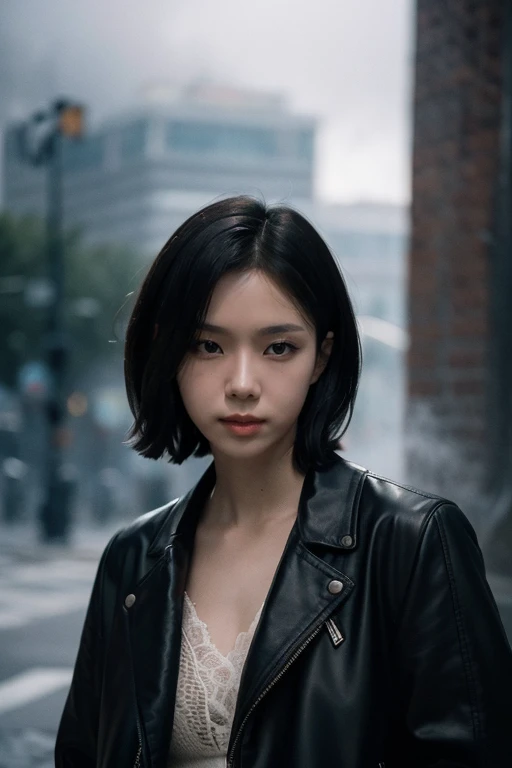 1girl in coat,short black hair,(cloudy, foggy:1.3), city street, film grain,dark clouds in sky, dramatic contrast between light and shadow,
proffesional shot, full length frame, High detail RAW color art, (elegant, beautiful face), piercing, (detailed skin...