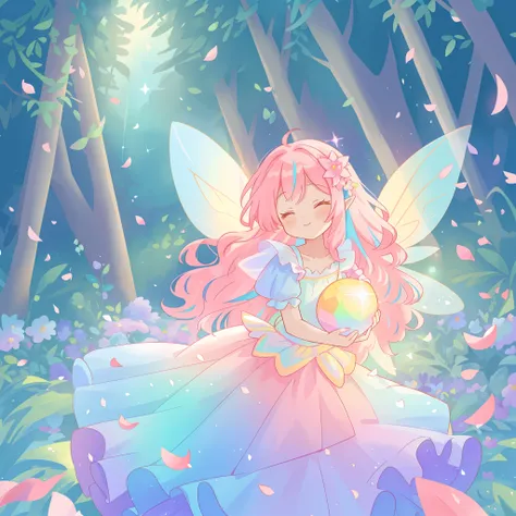 beautiful fairy girl in tiered colorful gradient ballgown dress, gradient sparkling fairy dress, ((layered multi-colored flower petal skirt)), fairy dress, fairy queen, magical forest background, (glowing fairy wings), glowing flowing ballgown, long pink w...