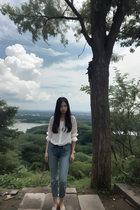 Thai Woman, look at viewer, long hair, shirt, jeans, cloud, day, sky,outdoors, post-apocalypse, ruins, scenery, tree, water,