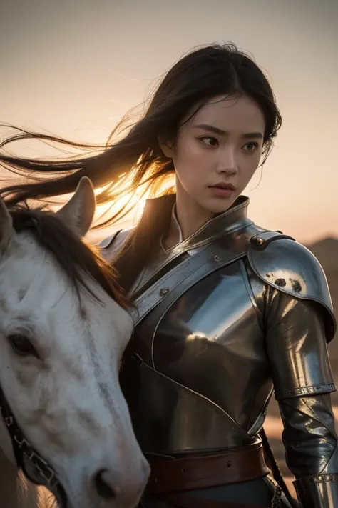 Warrior of the Warring States period，Wearing rusty、Scratched metal armor, Holding a long gun, Ride a white horse, Long black hair, the hair (Blowing wind:1.1), Sweat, 8K  UHD, High quality, filmgrain, view the viewer, Portrait, (skin pore:1.2), (moles:0.8)...