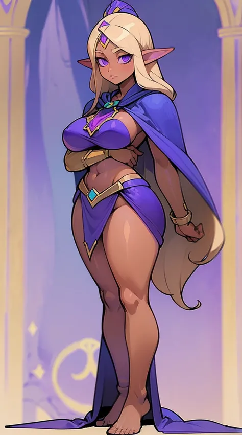 full body standing symmetrical barefeet ((tanned elf girl))), (((purple eyes))), (((long blonde hair))), (((breasts:1.2))), (((solo))), (blue cape adventurer:1.2) tiara