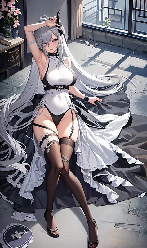 A painting of a gray-haired woman and a sword, full body adoptable, Ayaka Genshin impact, Anime figure; Full-body art, Anime goddess, anime full body illustration, ahegao, anime woman fullbody art, full body commission for, character adoptable, gothic maid...