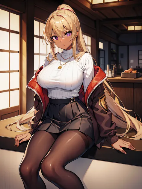 (((best quality))), 1girl, brown skin, sweater, jacket, large breasts, purple eyes, long hair, blonde hair, skirt, pantyhose, ja...