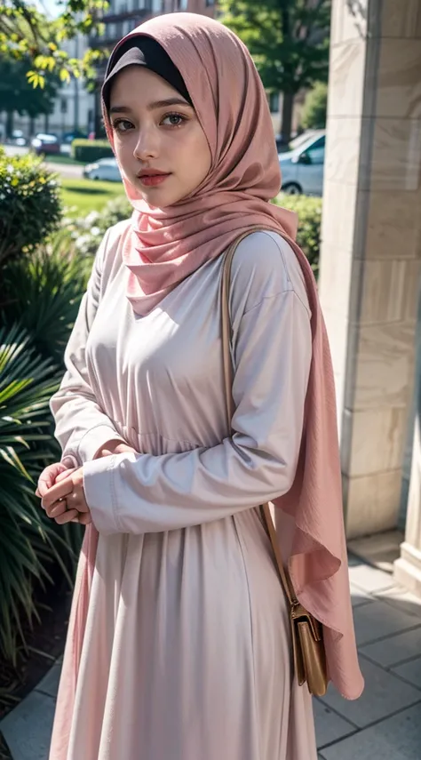 long tshirt Outfit, (RAW photo, Materpiece, Best Quality), Flower Mountain, Landscape view, Natural Weather style, on the Cloudy aesthetic, Modelling Posing, Clothes that are covered and polite, long-sleeved Hijab clothes, look polite and elegant, ((Best Q...