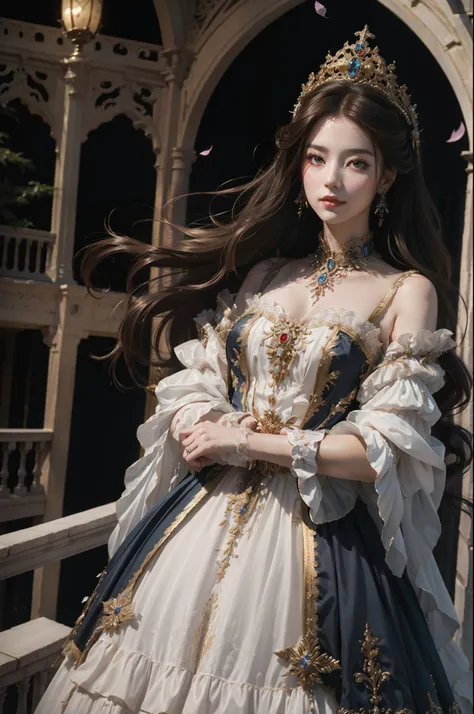 ((top-quality、​masterpiece、photographrealistic:1.4、8K))、1 beautiful detailed girl、extremely detailed eye and face、beatiful detailed eyes、（Complex luxury red dress in medieval European style、Luxurious dress hat in medieval European style）、Luxury accessories...